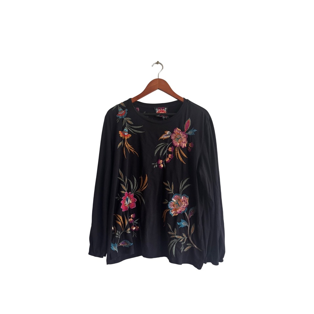 Johnny Was Black Floral Embroidered Sequin Long Sleeve Cotton Top XL